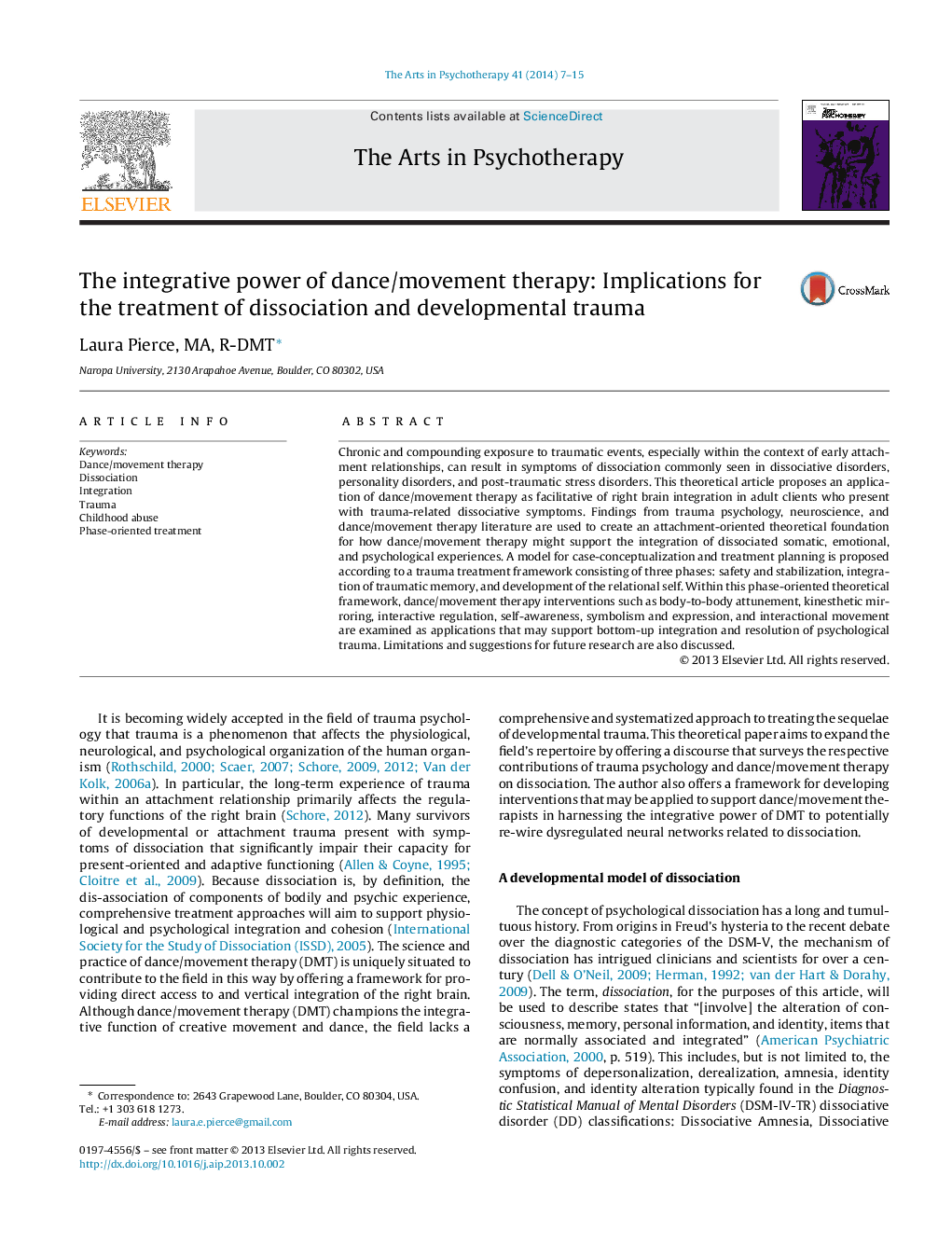 The integrative power of dance/movement therapy: Implications for the treatment of dissociation and developmental trauma