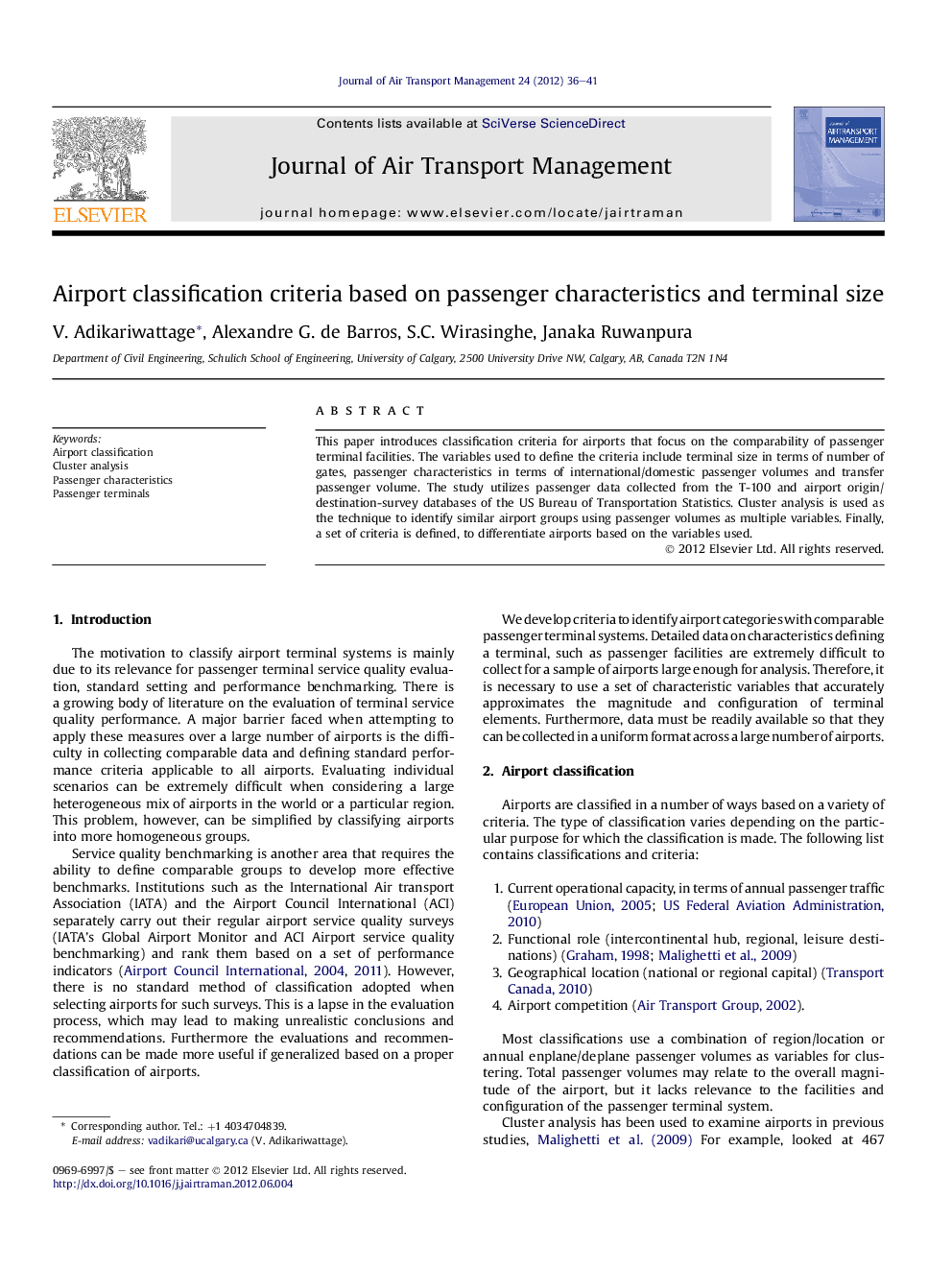 Airport classification criteria based on passenger characteristics and terminal size