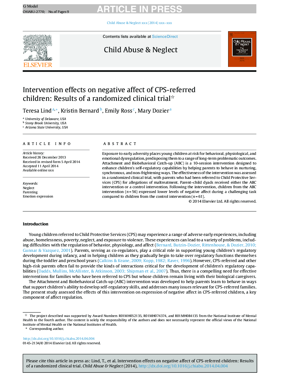 Intervention effects on negative affect of CPS-referred children: Results of a randomized clinical trial