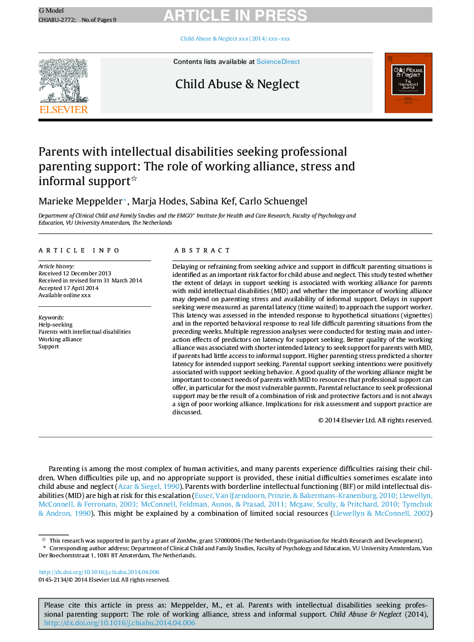 Parents with intellectual disabilities seeking professional parenting support: The role of working alliance, stress and informal support