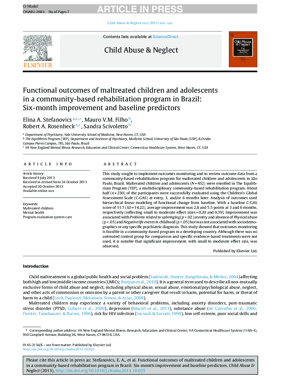 Functional outcomes of maltreated children and adolescents in a community-based rehabilitation program in Brazil: Six-month improvement and baseline predictors
