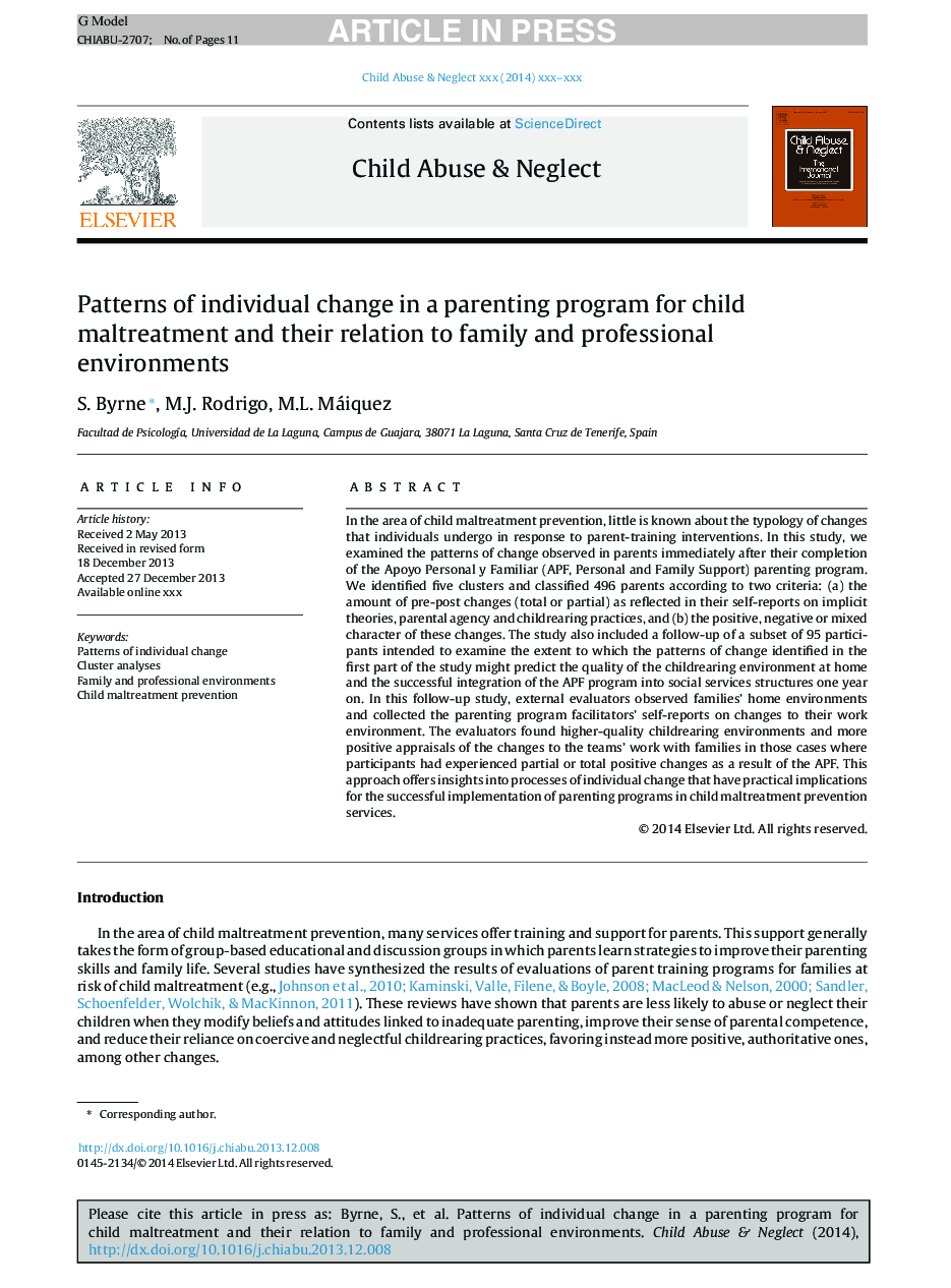 Patterns of individual change in a parenting program for child maltreatment and their relation to family and professional environments