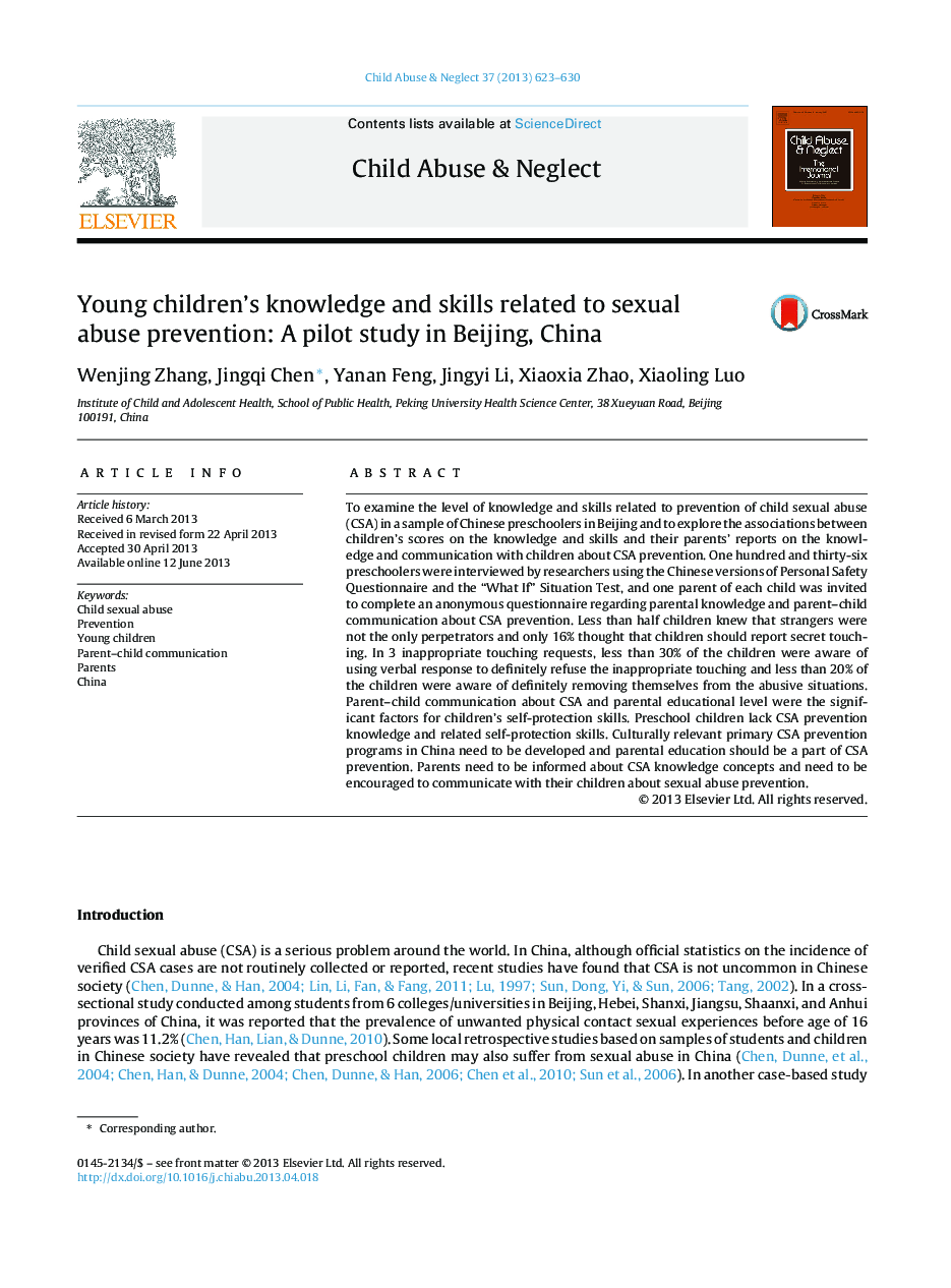 Young children's knowledge and skills related to sexual abuse prevention: A pilot study in Beijing, China