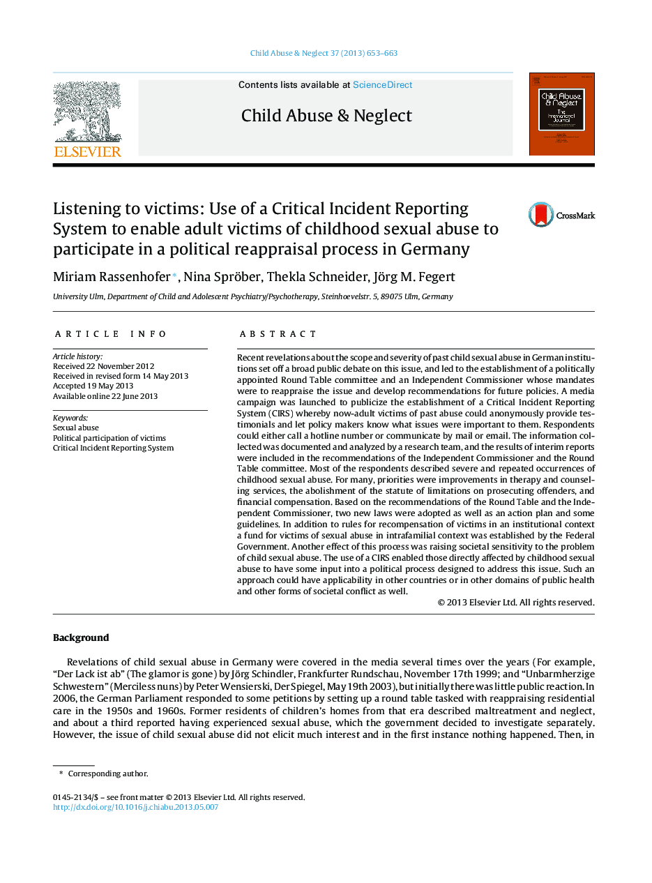 Listening to victims: Use of a Critical Incident Reporting System to enable adult victims of childhood sexual abuse to participate in a political reappraisal process in Germany