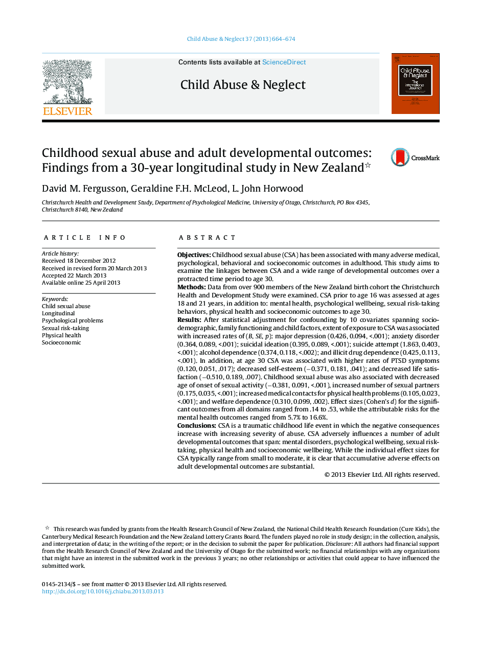 Childhood sexual abuse and adult developmental outcomes: Findings from a 30-year longitudinal study in New Zealand