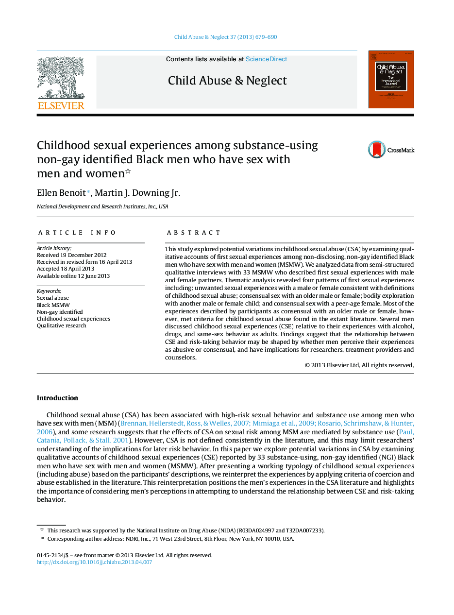 Childhood sexual experiences among substance-using non-gay identified Black men who have sex with men and women