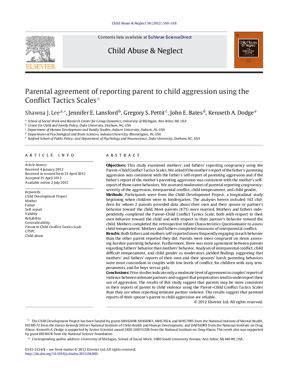 Parental agreement of reporting parent to child aggression using the Conflict Tactics Scales