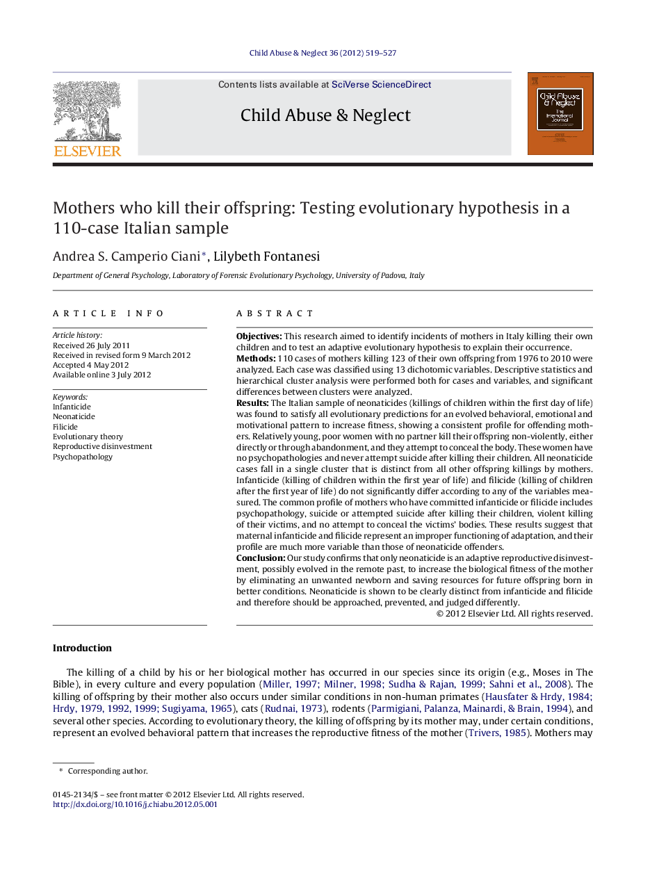 Mothers who kill their offspring: Testing evolutionary hypothesis in a 110-case Italian sample