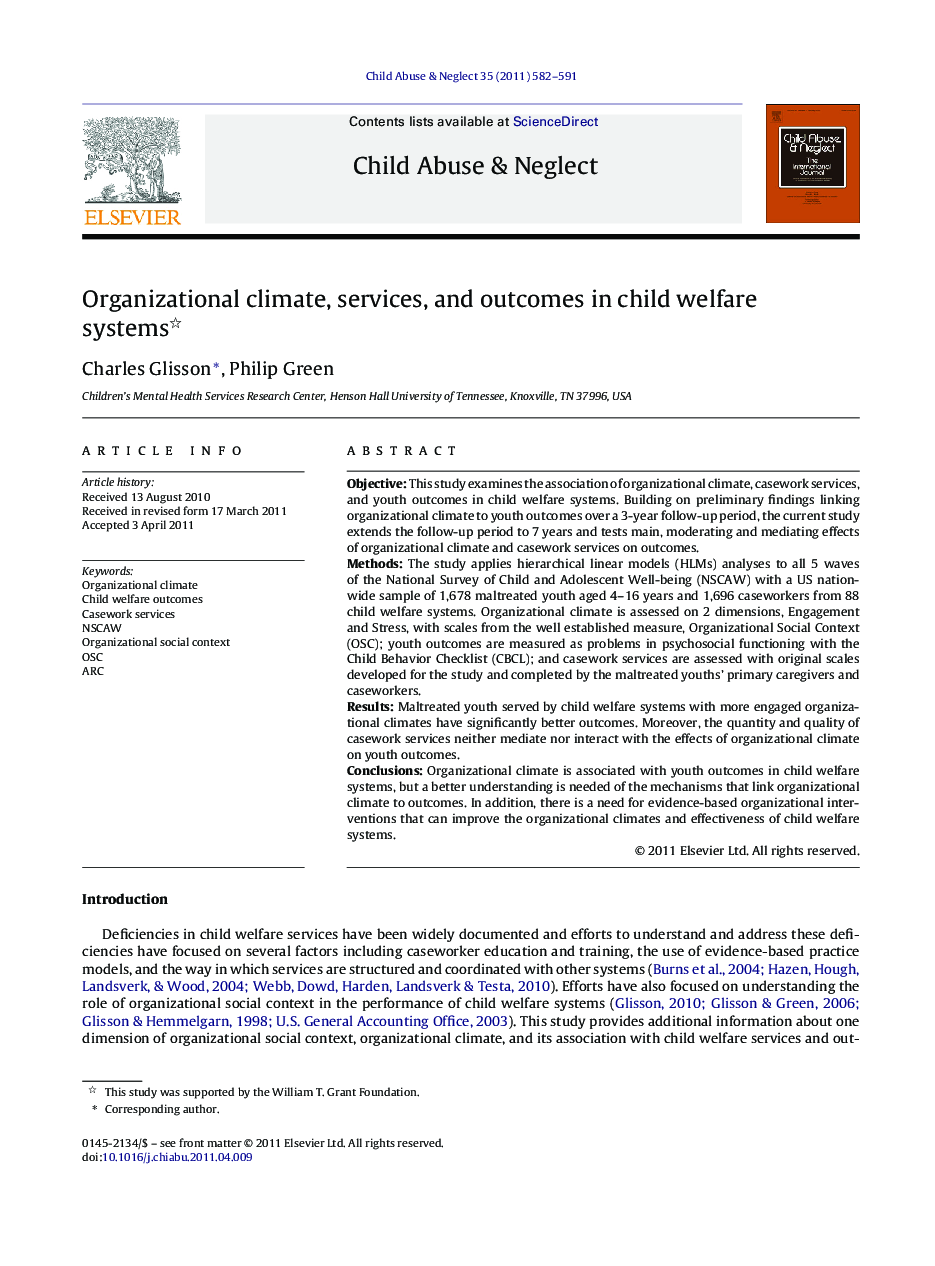 Organizational climate, services, and outcomes in child welfare systems