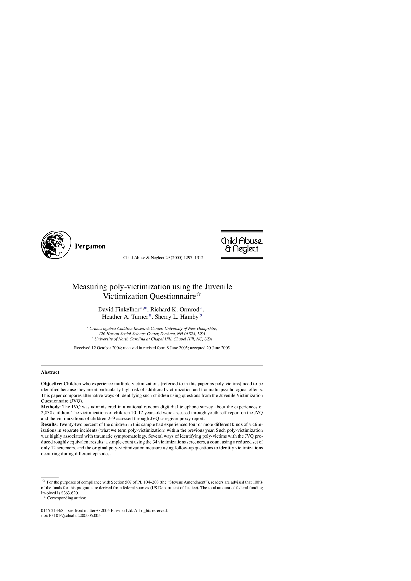 Measuring poly-victimization using the Juvenile Victimization Questionnaire