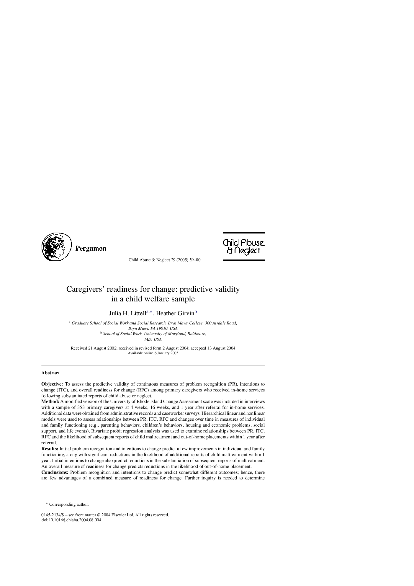 Caregivers' readiness for change: predictive validity in a child welfare sample