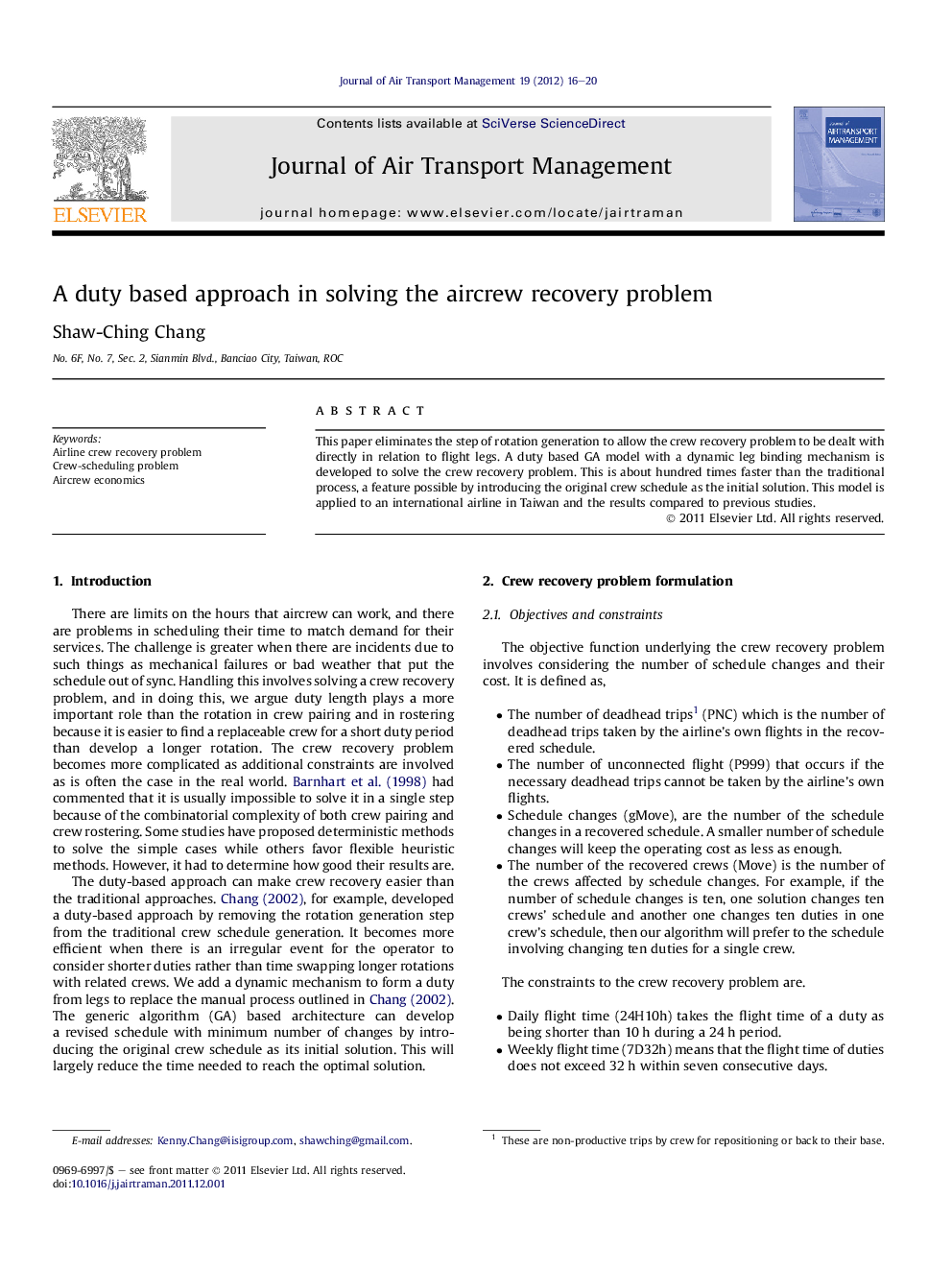 A duty based approach in solving the aircrew recovery problem