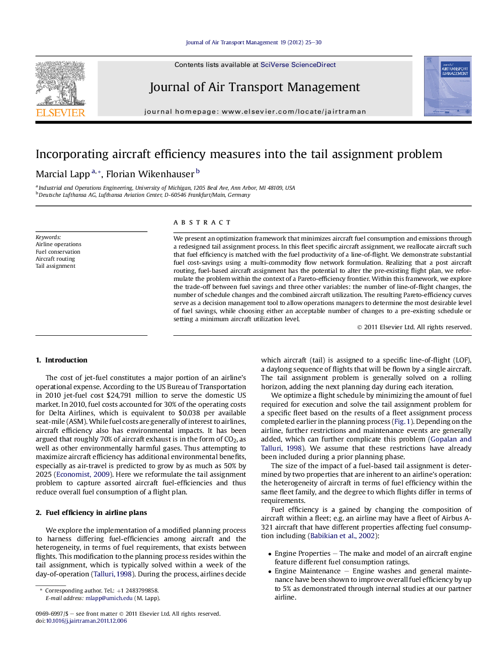 Incorporating aircraft efficiency measures into the tail assignment problem