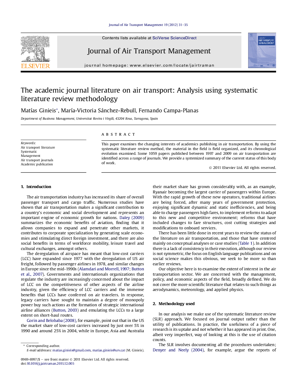 The academic journal literature on air transport: Analysis using systematic literature review methodology