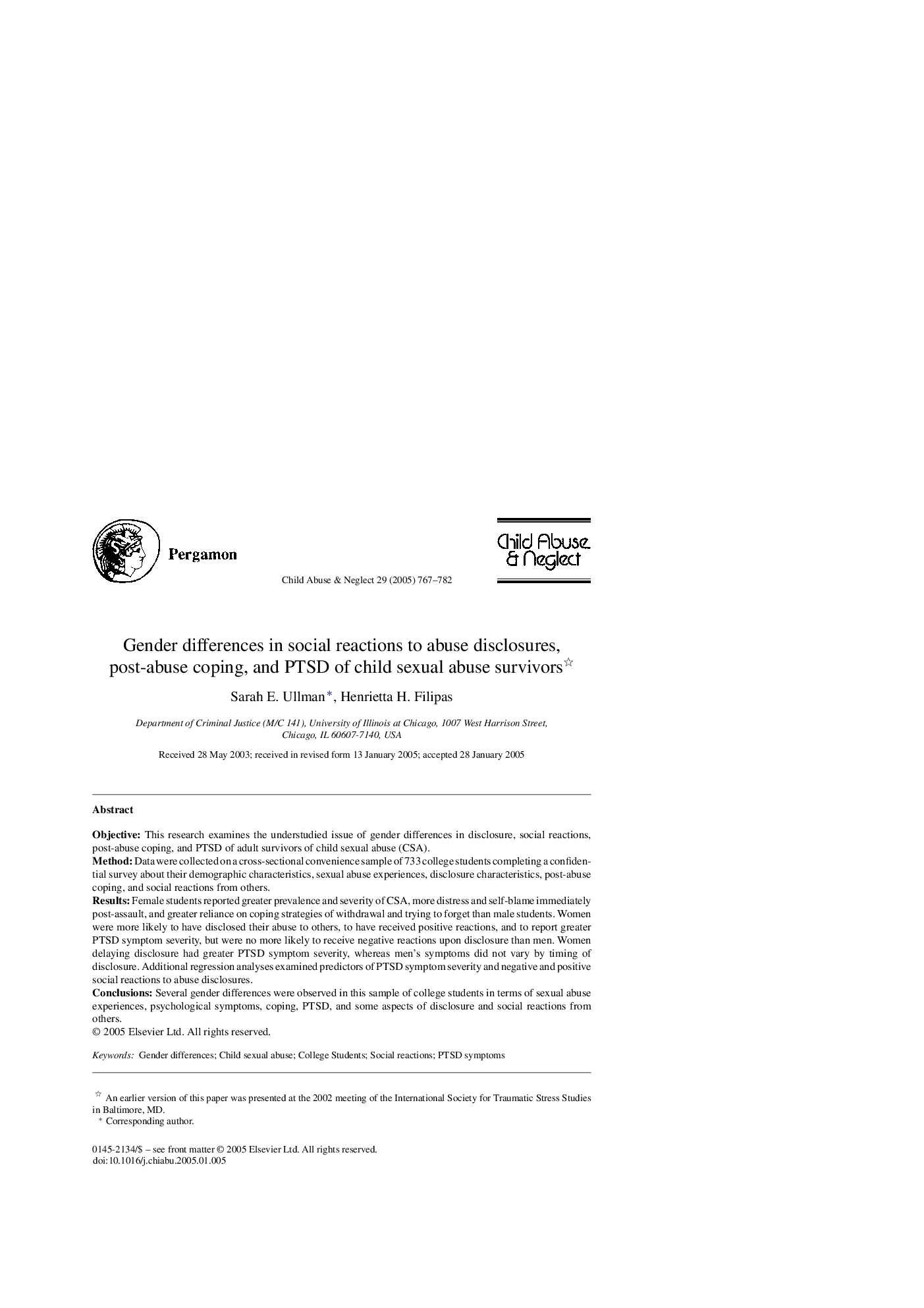 Gender differences in social reactions to abuse disclosures, post-abuse coping, and PTSD of child sexual abuse survivors