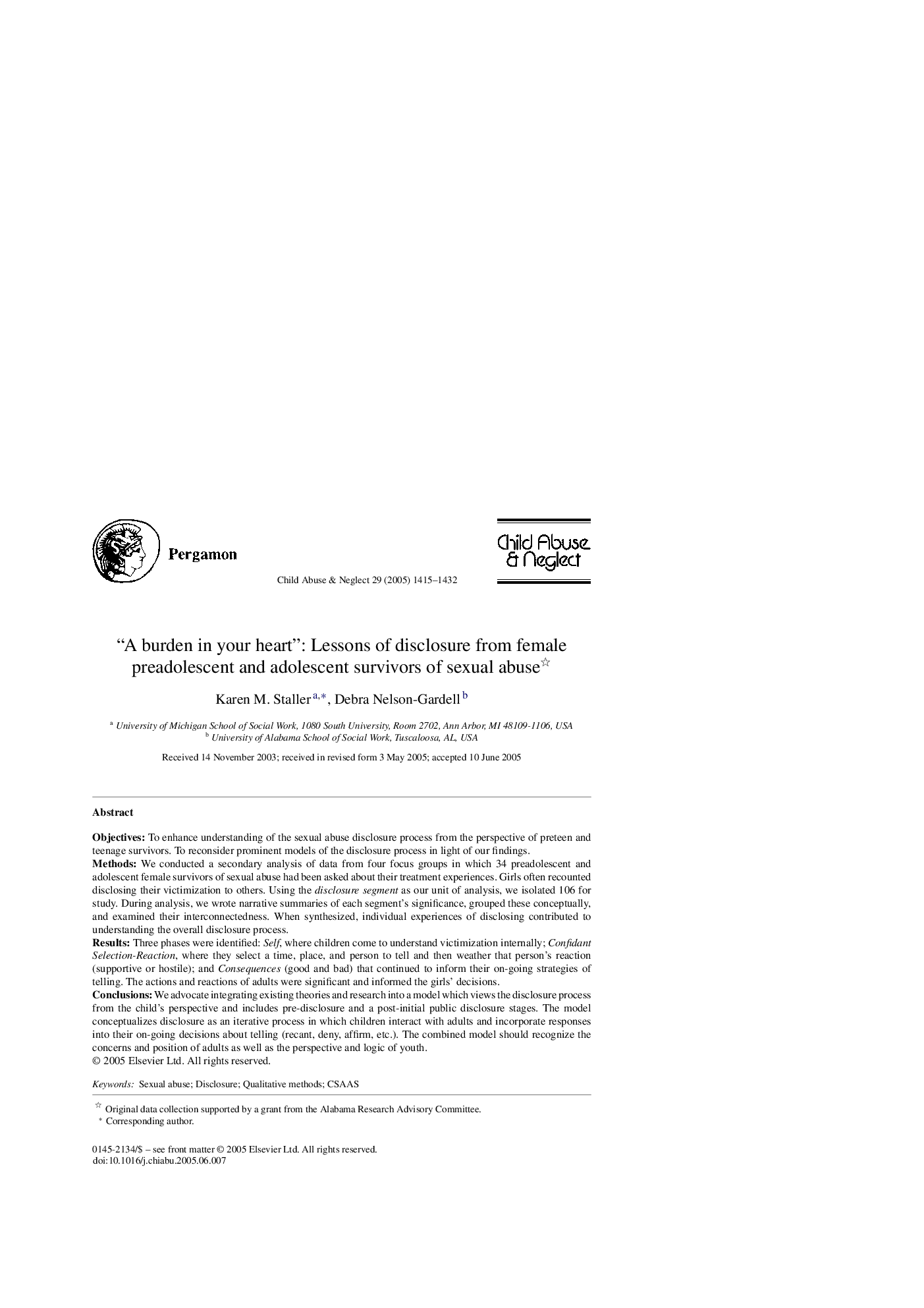 “A burden in your heart”: Lessons of disclosure from female preadolescent and adolescent survivors of sexual abuse