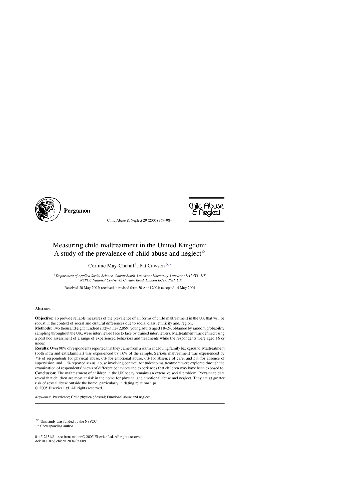 Measuring child maltreatment in the United Kingdom: A study of the prevalence of child abuse and neglect