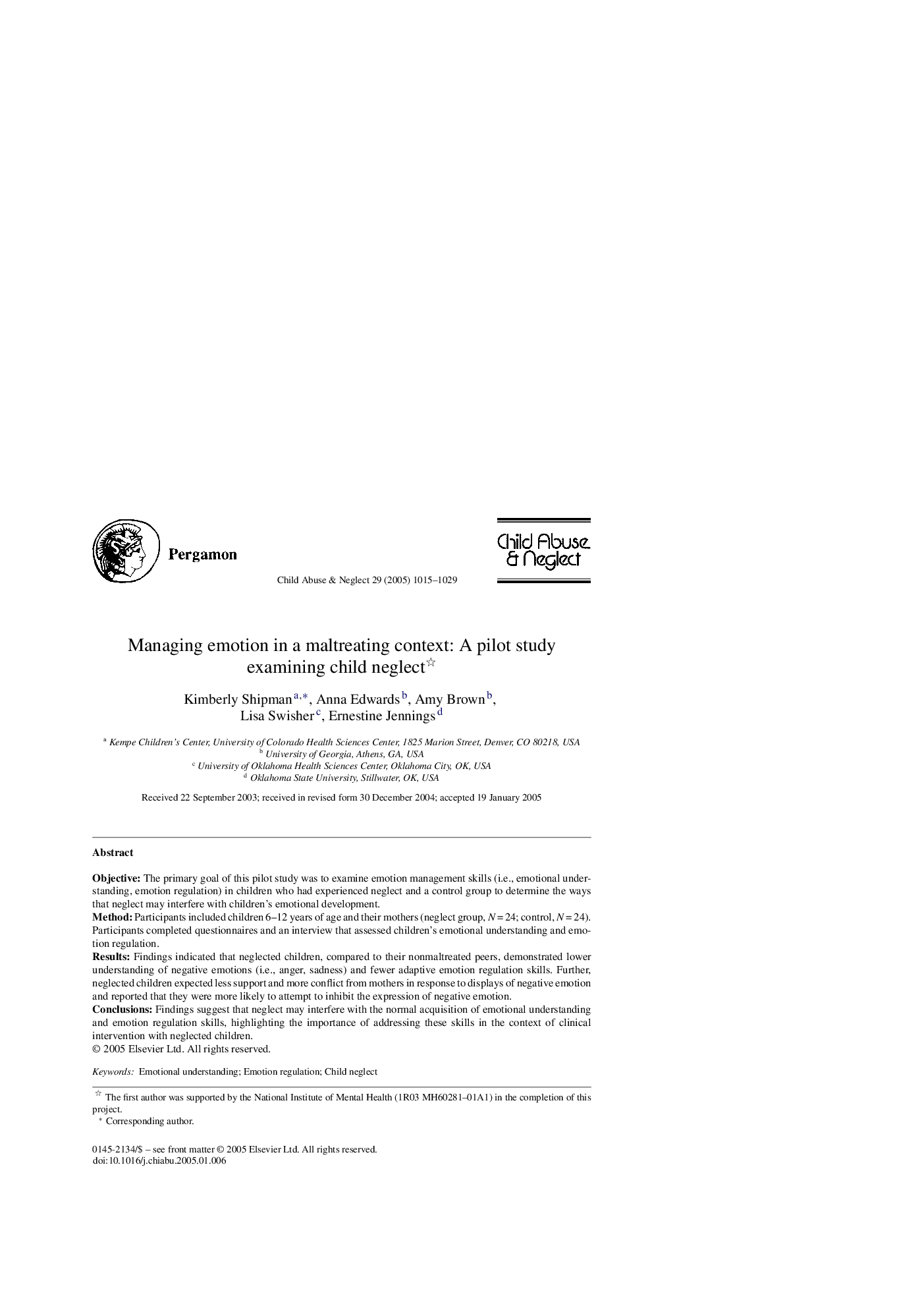 Managing emotion in a maltreating context: A pilot study examining child neglect