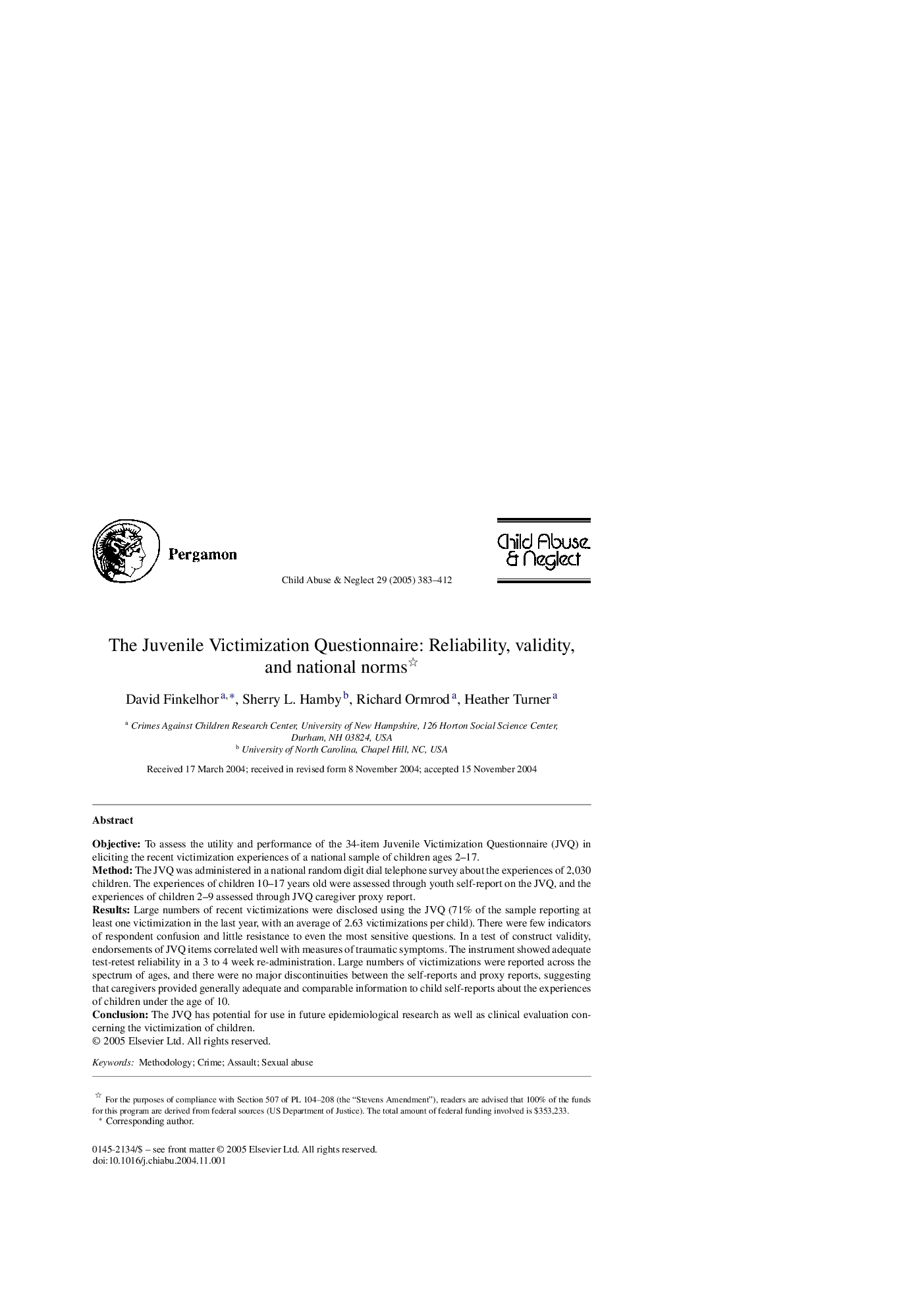 The Juvenile Victimization Questionnaire: Reliability, validity, and national norms