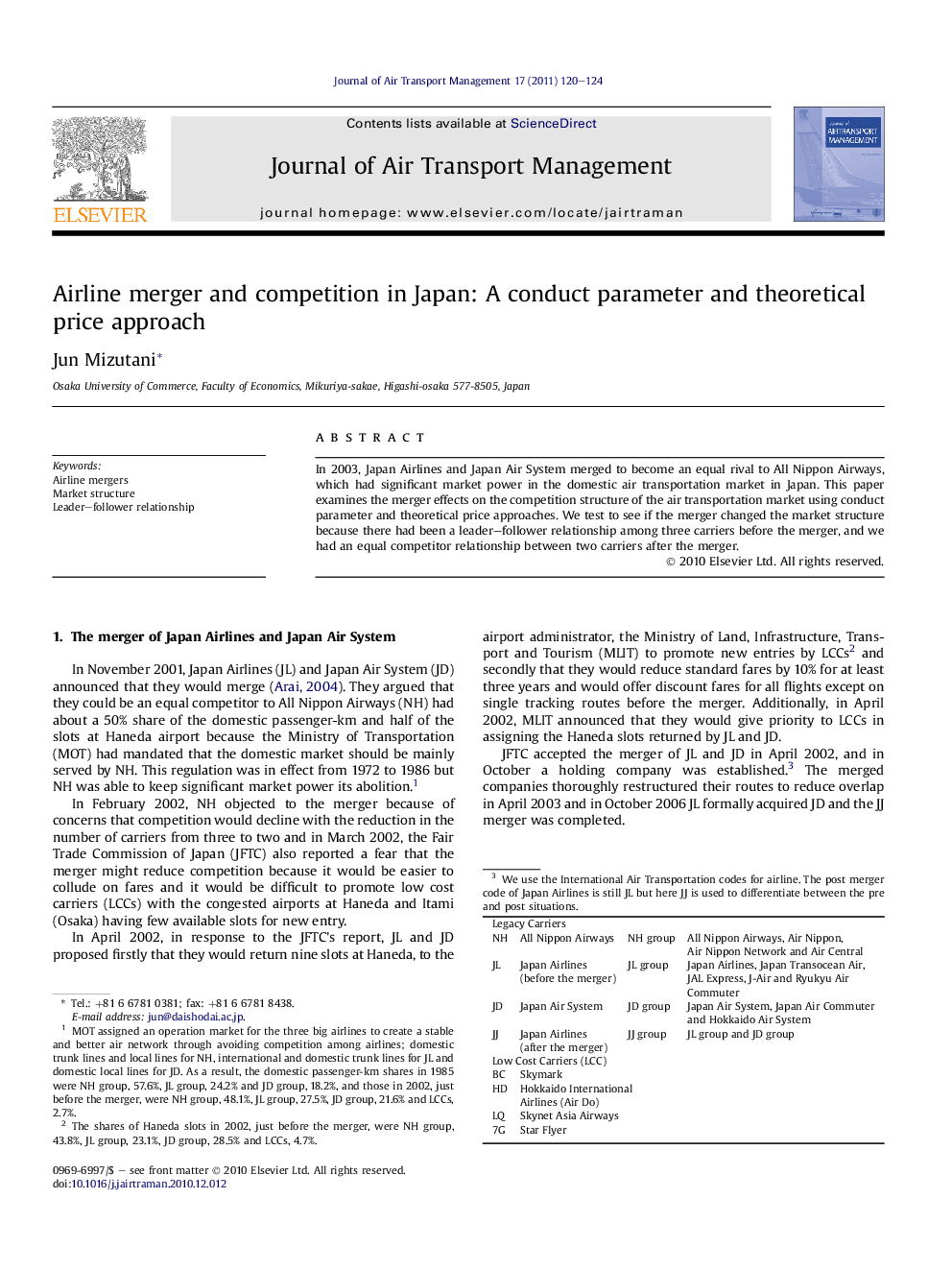 Airline merger and competition in Japan: A conduct parameter and theoretical price approach