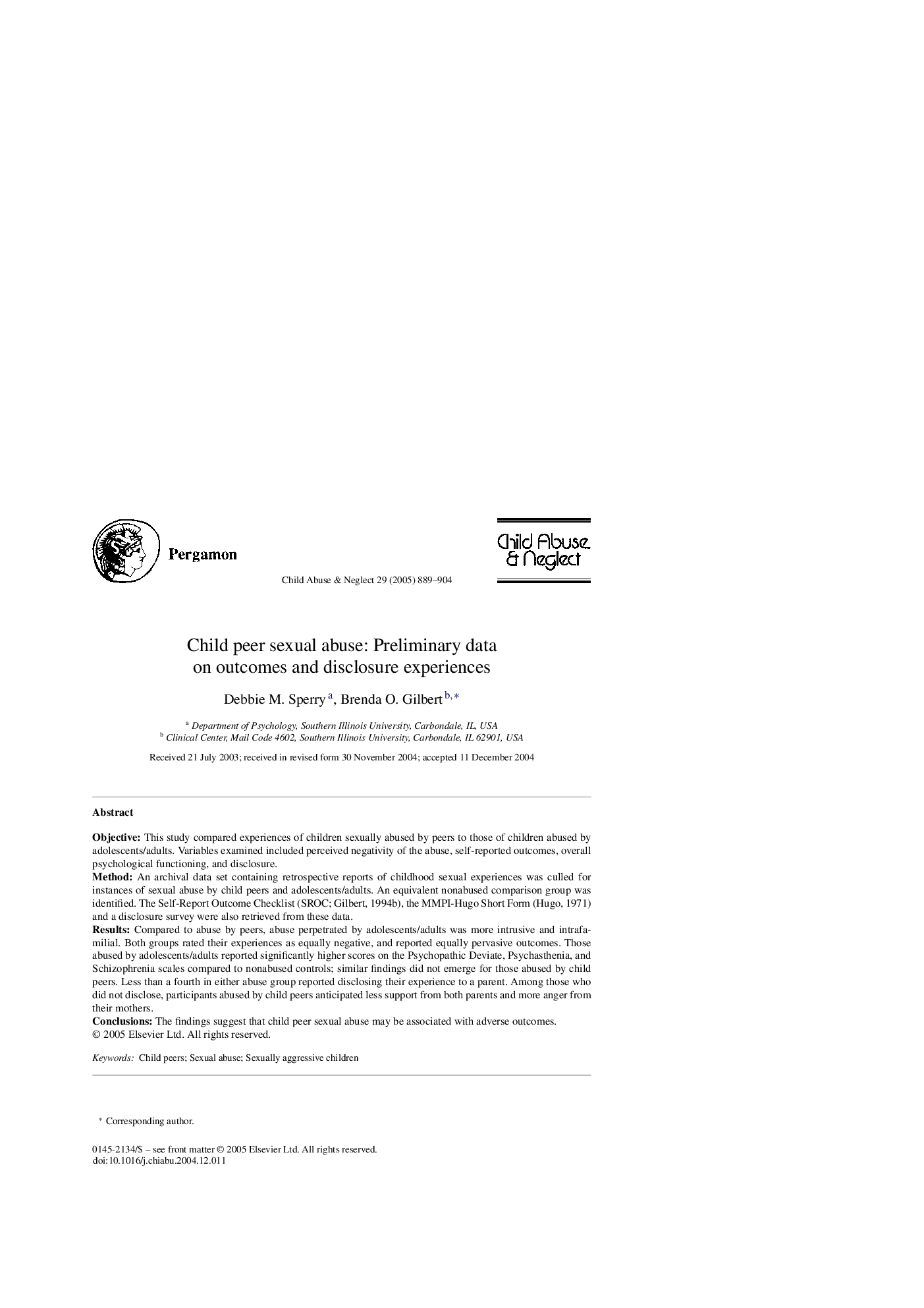 Child peer sexual abuse: Preliminary data on outcomes and disclosure experiences