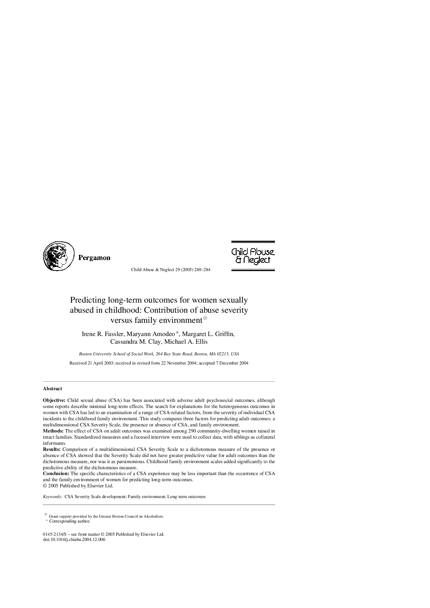 Predicting long-term outcomes for women sexually abused in childhood: Contribution of abuse severity versus family environment