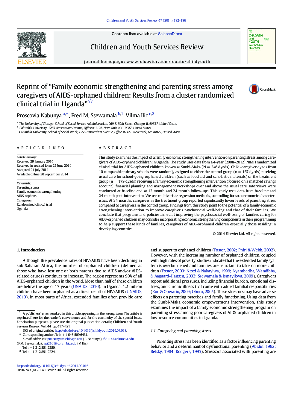 Reprint of “Family economic strengthening and parenting stress among caregivers of AIDS-orphaned children: Results from a cluster randomized clinical trial in Uganda”