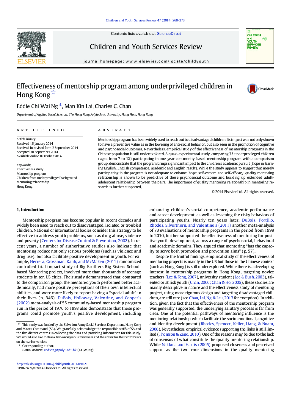 Effectiveness of mentorship program among underprivileged children in Hong Kong