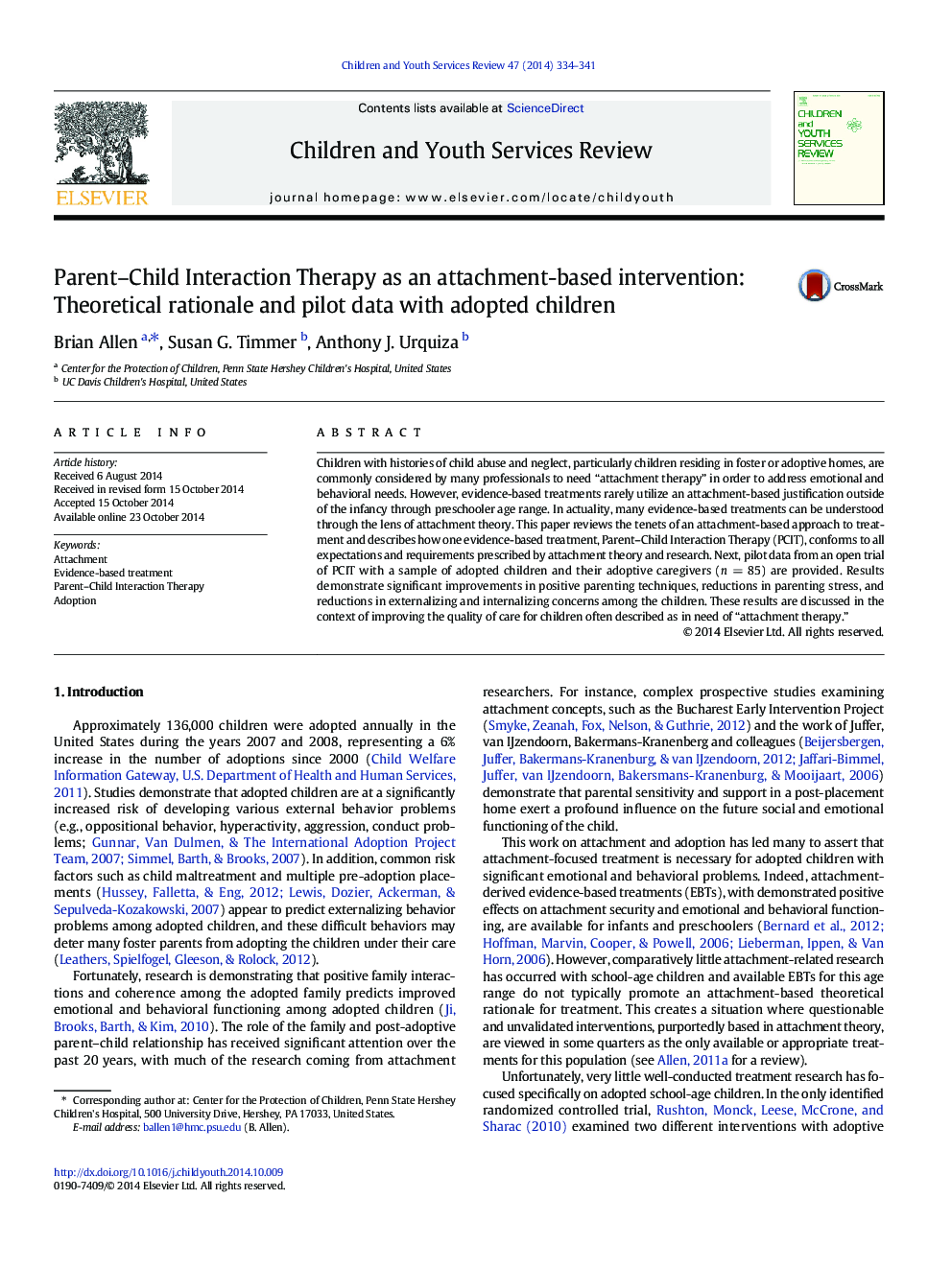 Parent-Child Interaction Therapy as an attachment-based intervention: Theoretical rationale and pilot data with adopted children