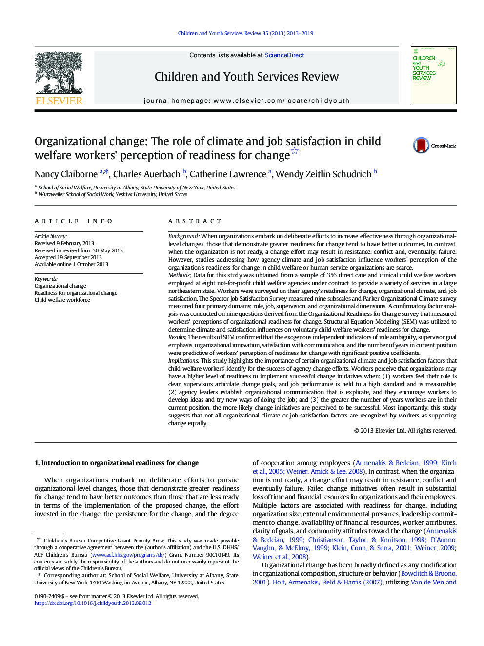 Organizational change: The role of climate and job satisfaction in child welfare workers' perception of readiness for change