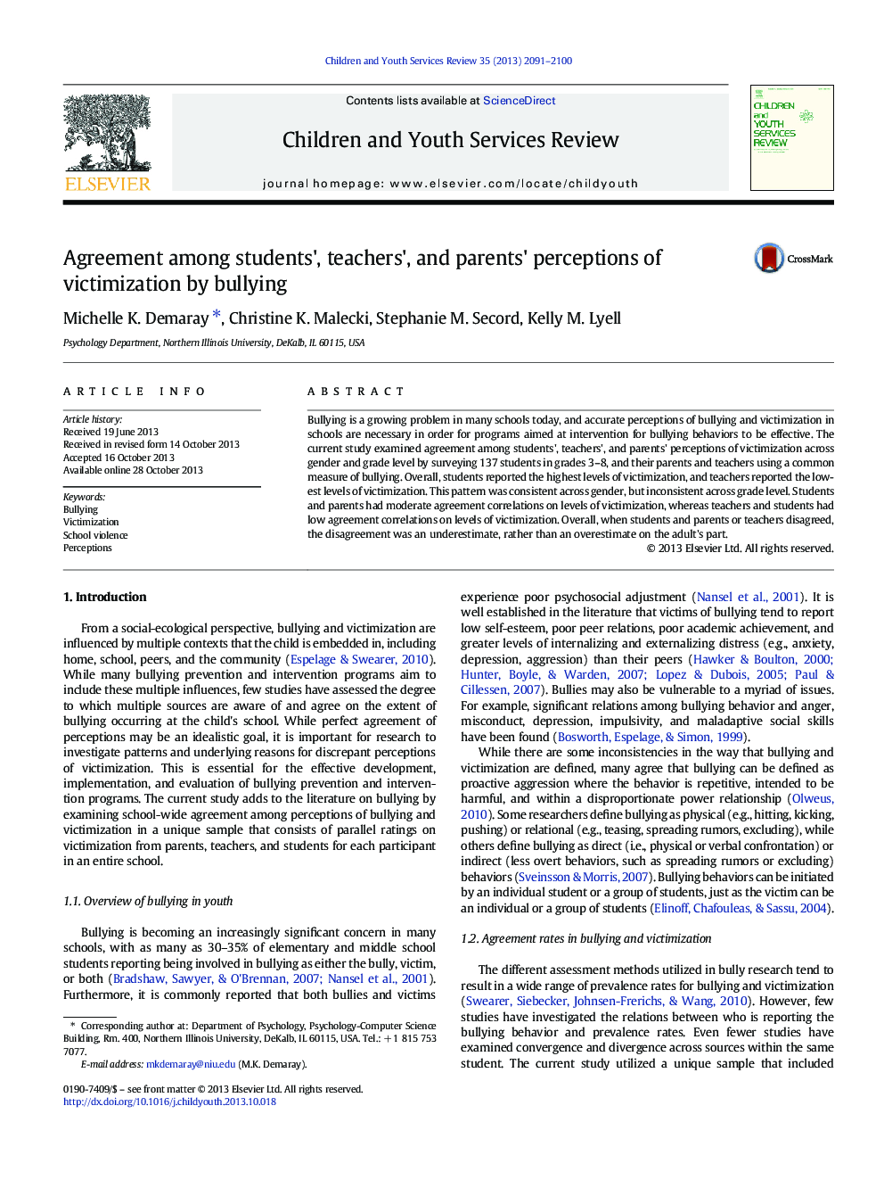Agreement among students', teachers', and parents' perceptions of victimization by bullying