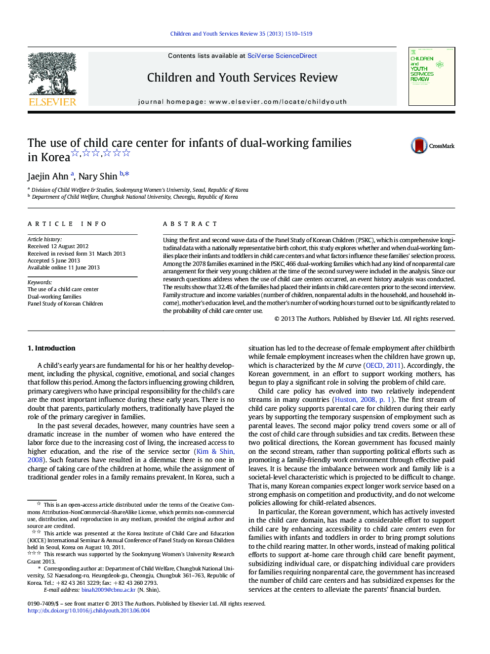 The use of child care center for infants of dual-working families in Korea