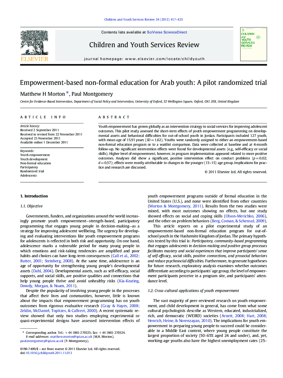 Empowerment-based non-formal education for Arab youth: A pilot randomized trial