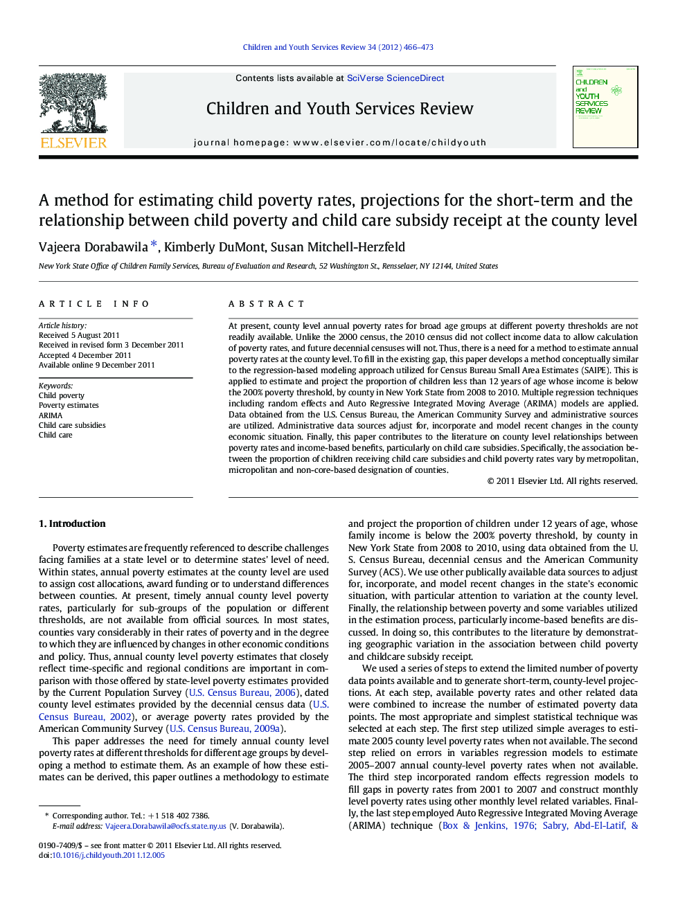 A method for estimating child poverty rates, projections for the short-term and the relationship between child poverty and child care subsidy receipt at the county level