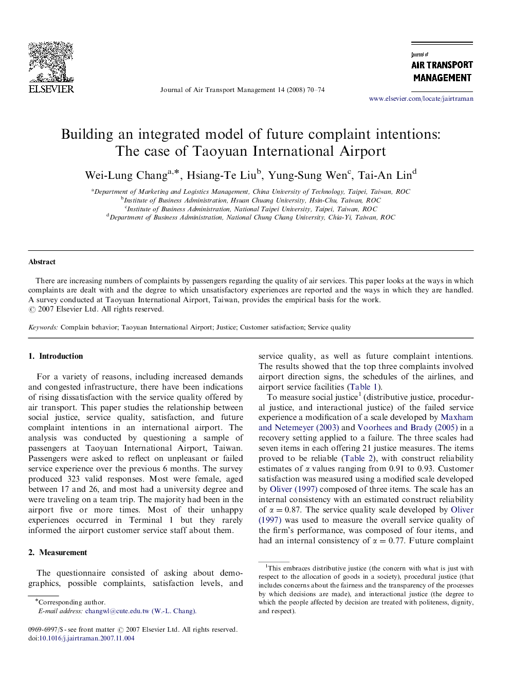 Building an integrated model of future complaint intentions: The case of Taoyuan International Airport