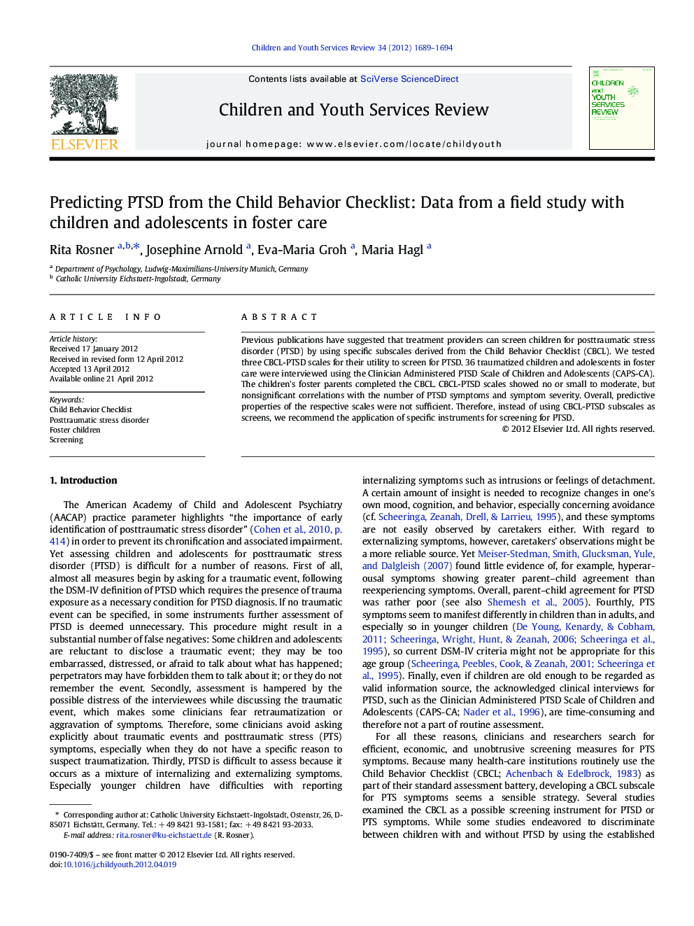 Predicting PTSD from the Child Behavior Checklist: Data from a field study with children and adolescents in foster care