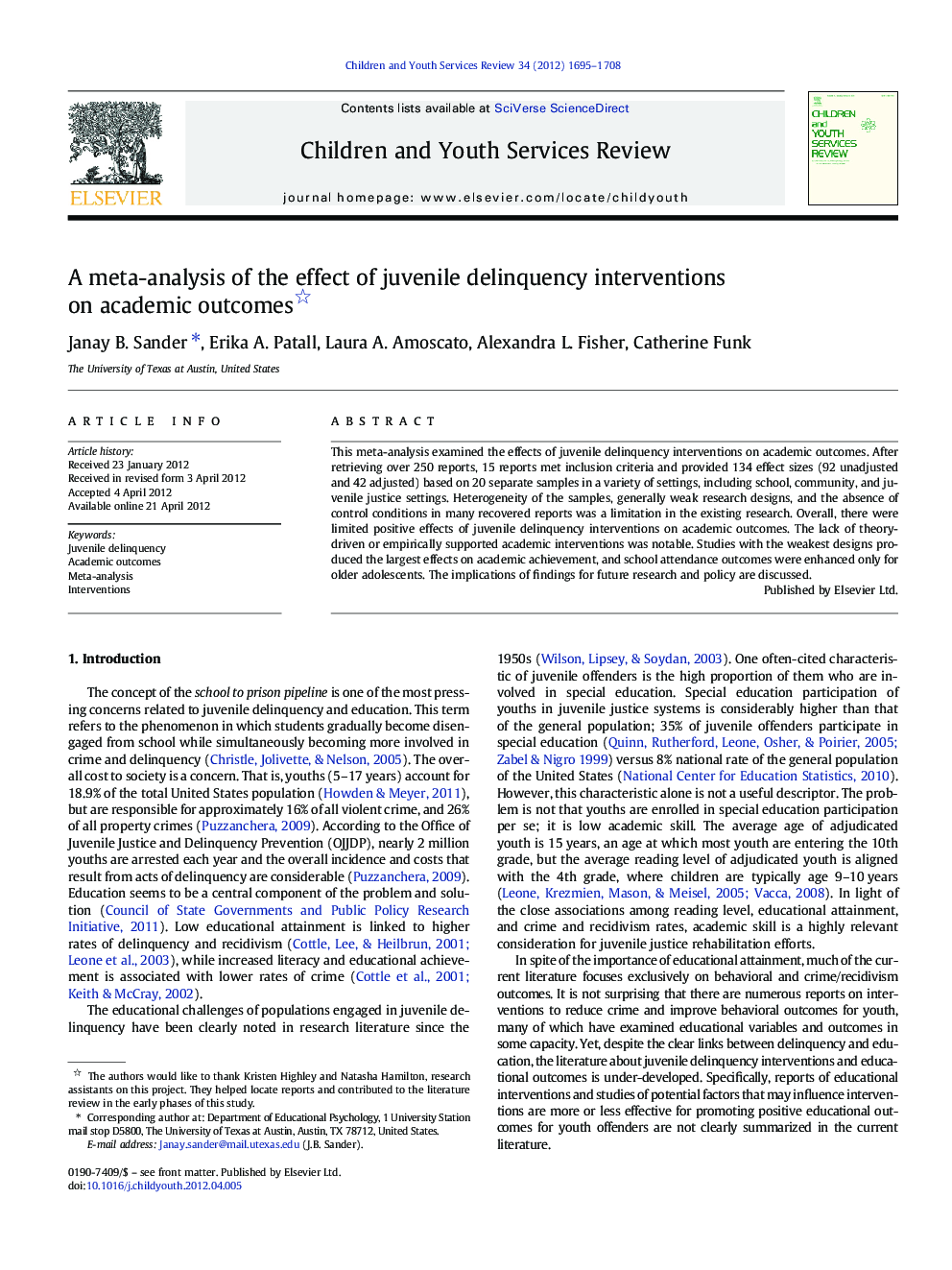 A meta-analysis of the effect of juvenile delinquency interventions on academic outcomes