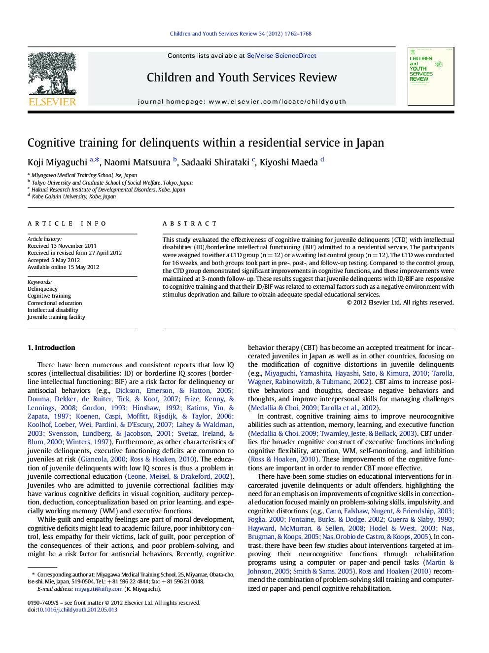 Cognitive training for delinquents within a residential service in Japan