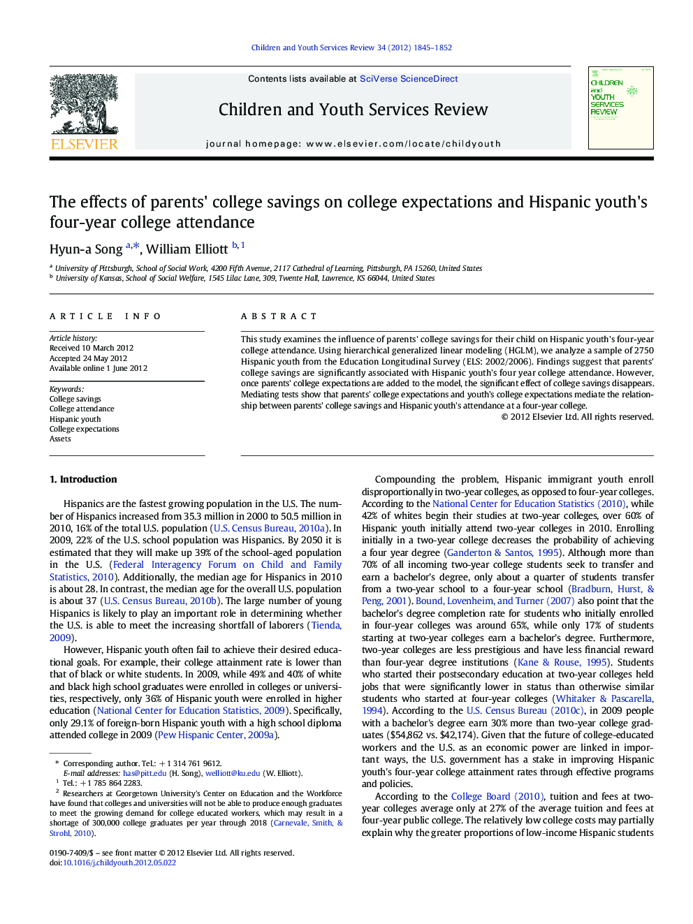 The effects of parents' college savings on college expectations and Hispanic youth's four-year college attendance