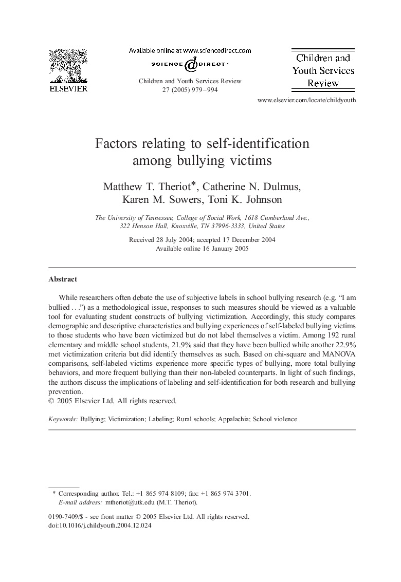 Factors relating to self-identification among bullying victims