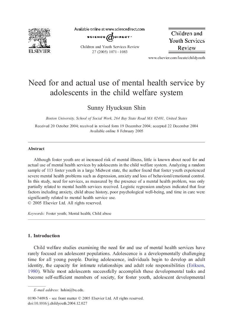 Need for and actual use of mental health service by adolescents in the child welfare system