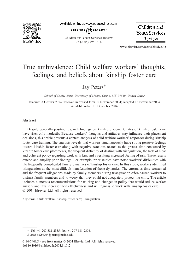 True ambivalence: Child welfare workers' thoughts, feelings, and beliefs about kinship foster care