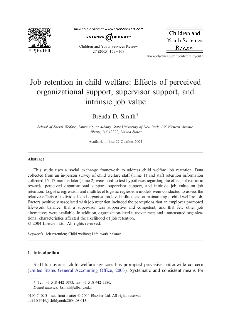 Job retention in child welfare: Effects of perceived organizational support, supervisor support, and intrinsic job value