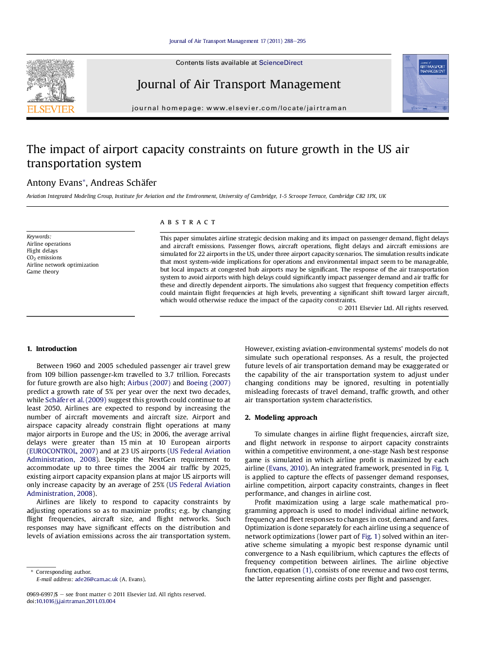 The impact of airport capacity constraints on future growth in the US air transportation system