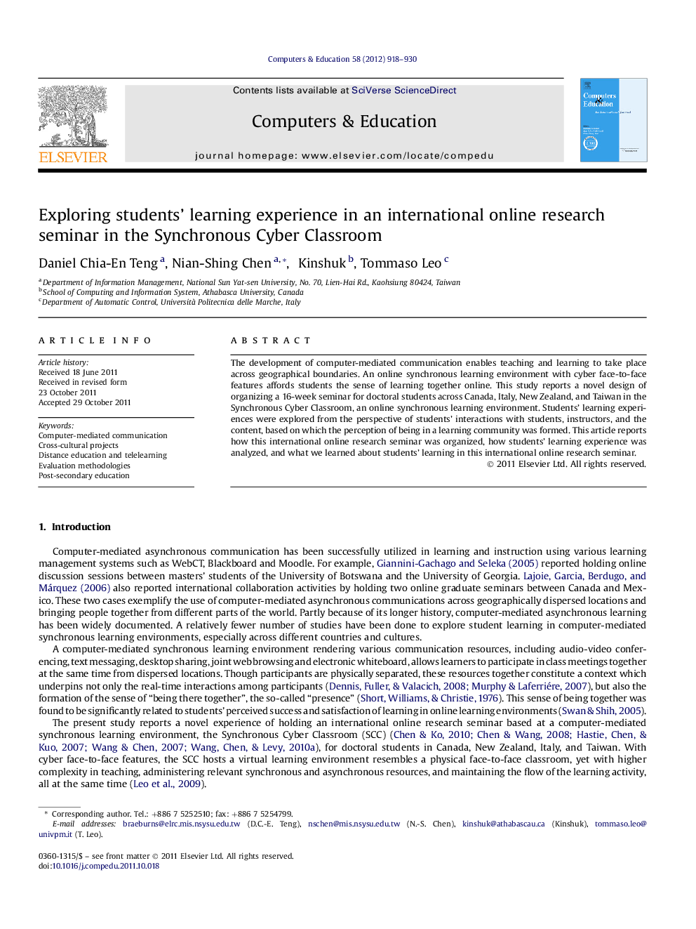 Exploring students' learning experience in an international online research seminar in the Synchronous Cyber Classroom