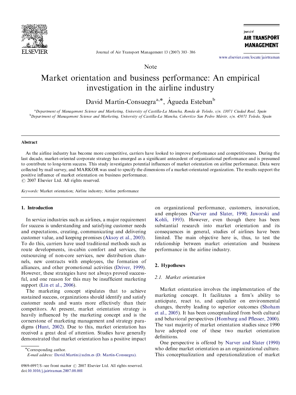 Market orientation and business performance: An empirical investigation in the airline industry