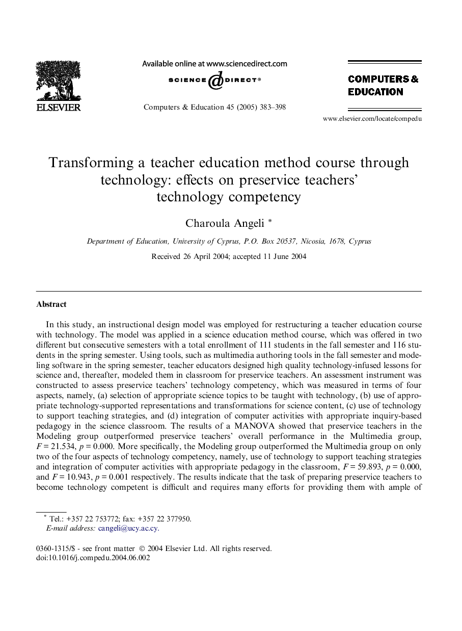 Transforming a teacher education method course through technology: effects on preservice teachers' technology competency