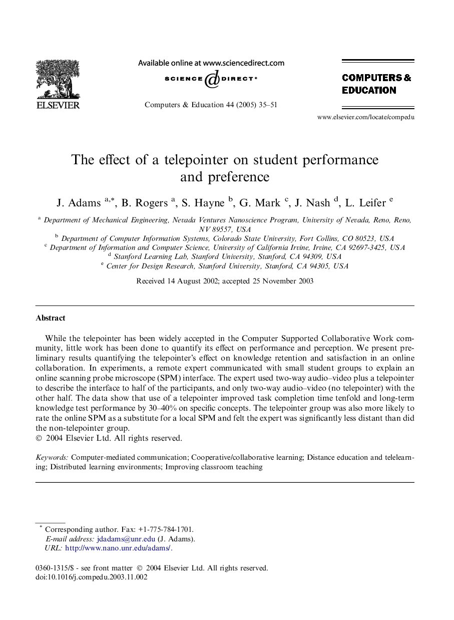 The effect of a telepointer on student performance and preference