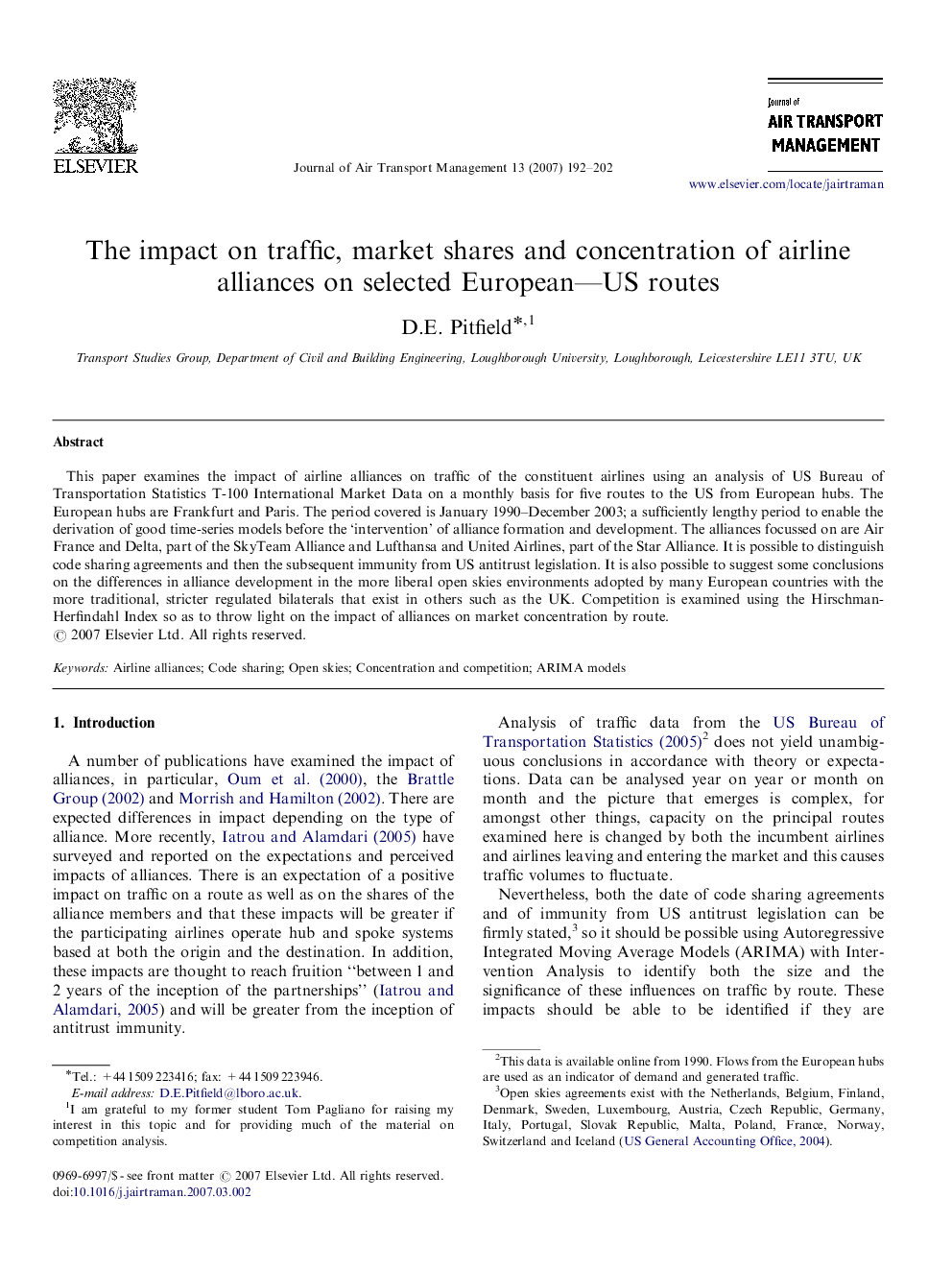 The impact on traffic, market shares and concentration of airline alliances on selected European-US routes