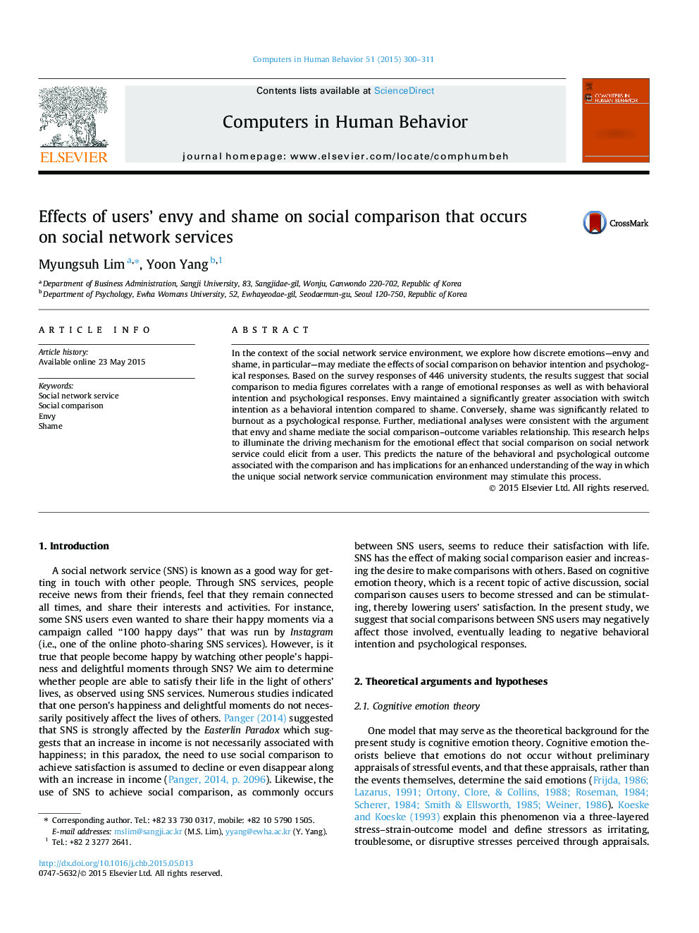 Effects of users' envy and shame on social comparison that occurs on social network services